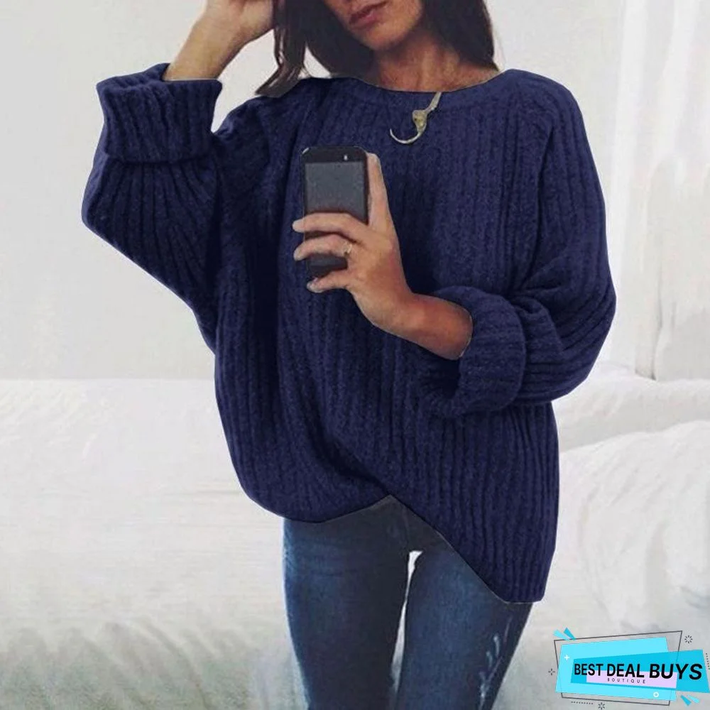 Sweater Women's Fashion Solid Color Round Neck Knitted Top Sweater Pullover