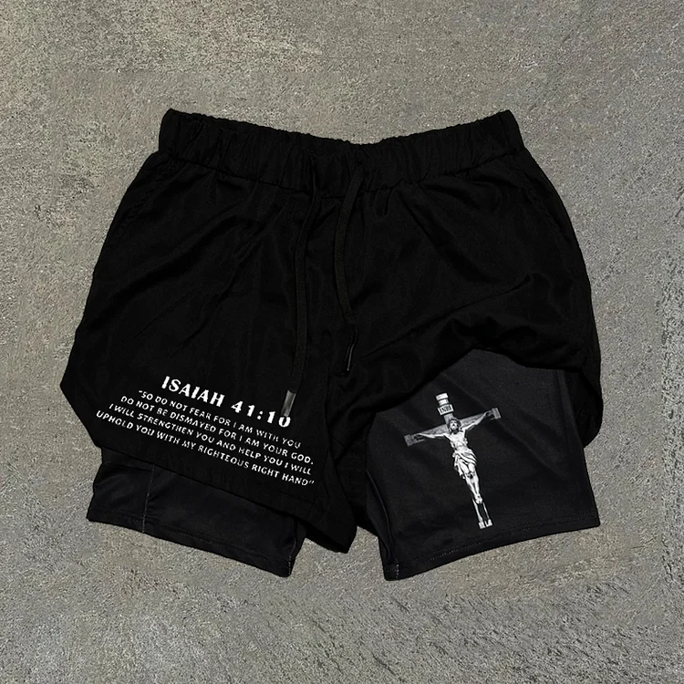 Jesus Crucified 41:10 Double Layer Men's Gym Shorts