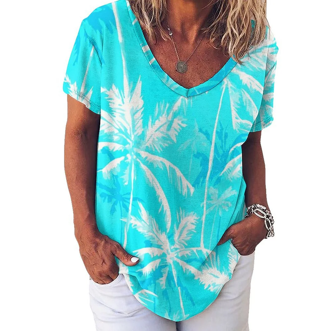 V-neck Short Sleeve Casual T-shirt for  Women Printed with Pattern Tropical, Summer, Blue