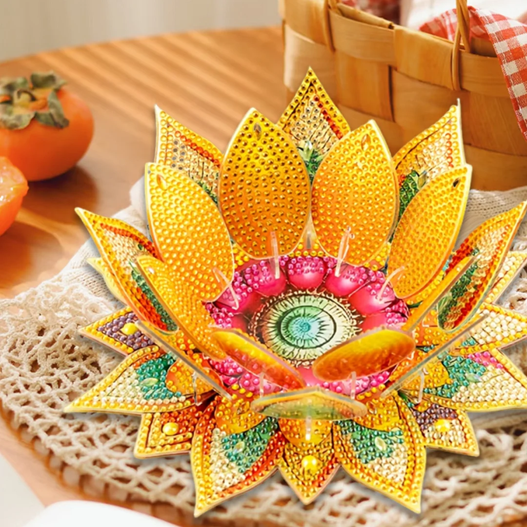 5D DIY Diamond Art Painting DIY Acrylic Desktop Ornament Flower Candle Holders Tealight Handmade Home Office Decor for Adults Beginners (Yellow Lotus)