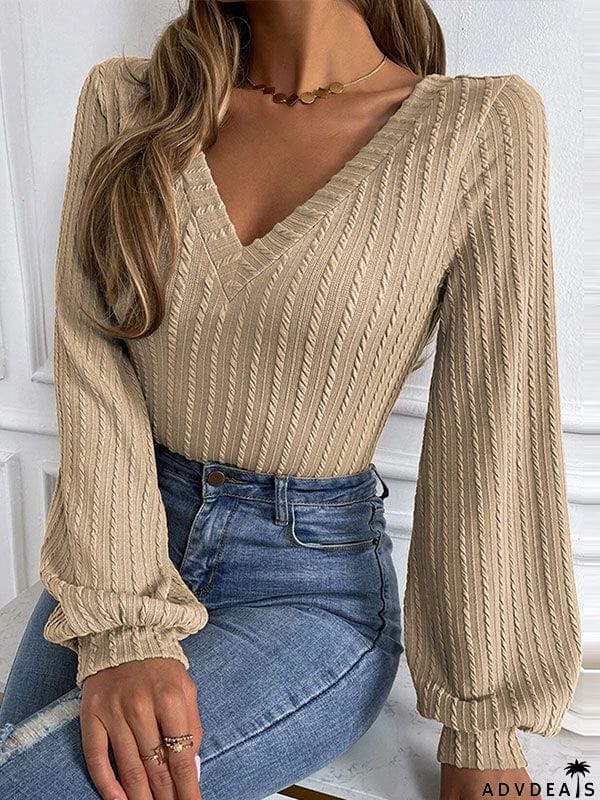 Long Sleeves Puff Sleeves Solid Color V-Neck T-Shirts Tops