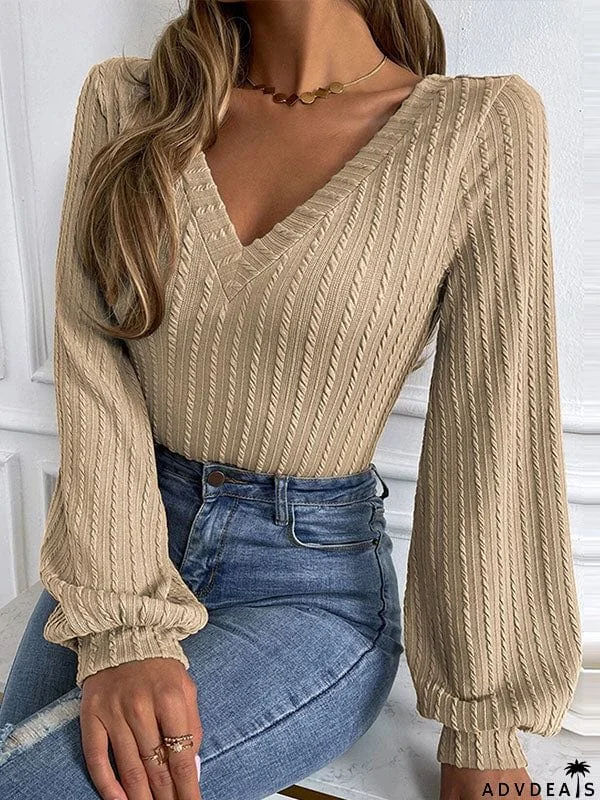 Long Sleeves Puff Sleeves Solid Color V-Neck T-Shirts Tops