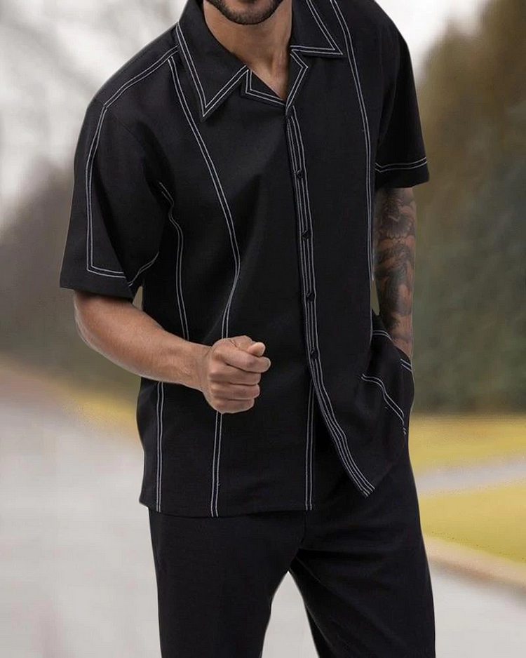 Short Sleeve Print Walking Suit Set With Long Pants