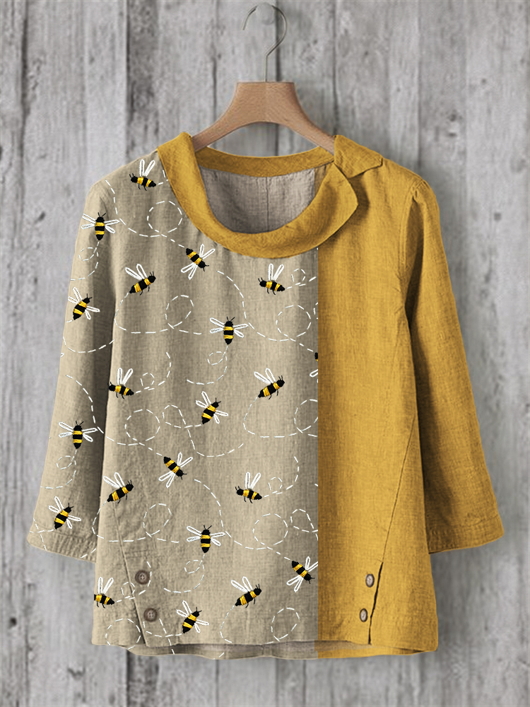 Flying Bees Embroidered Contrast Color Linen Blend Tunic