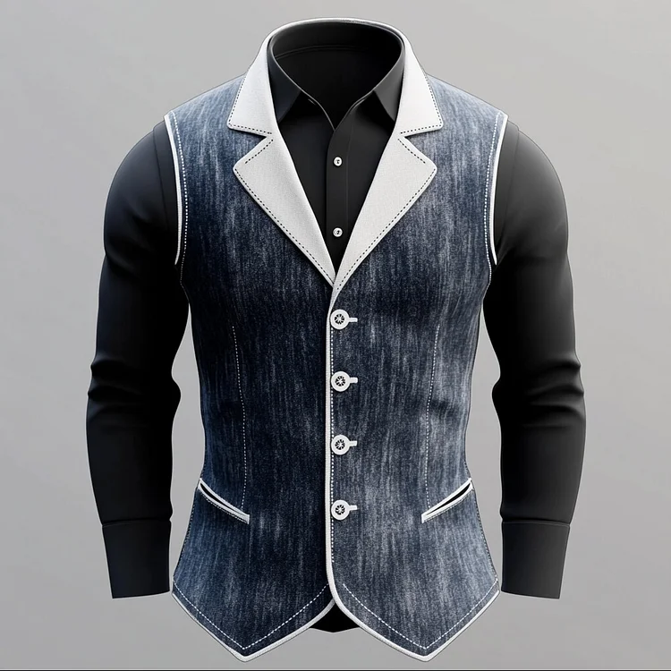 Men's Notch Lapel Single Breasted Contrast Stitch Denim Vest