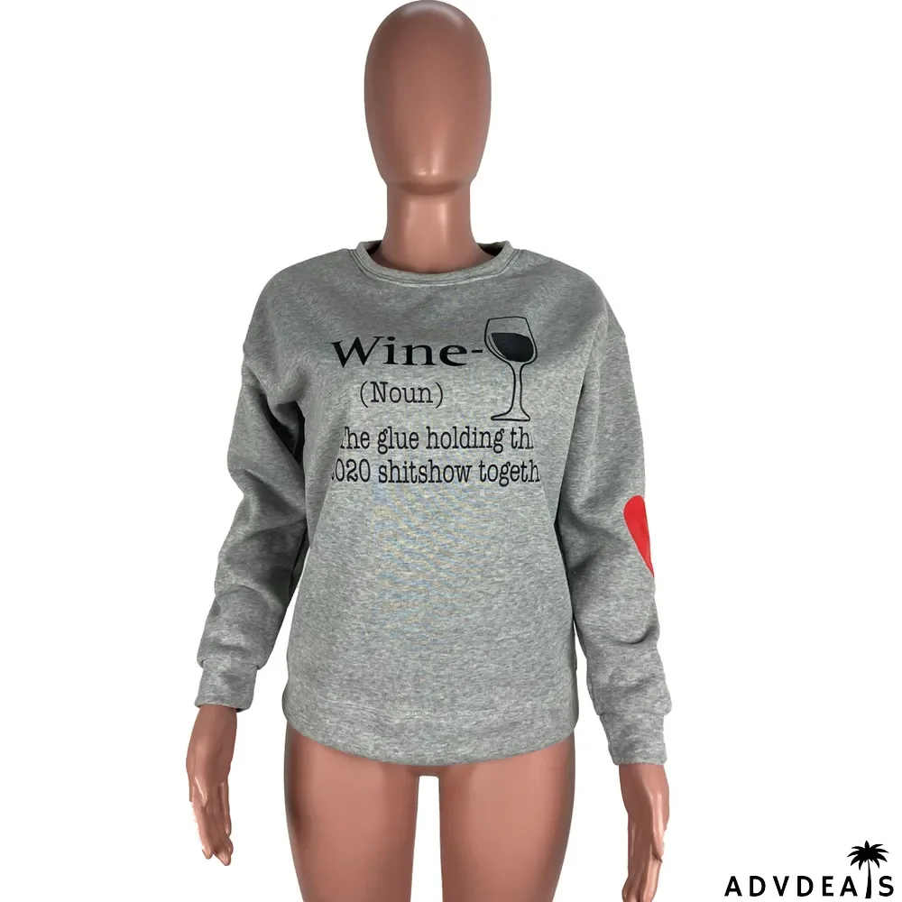 Casual Printed Fleece O Neck Sweatshirt Top