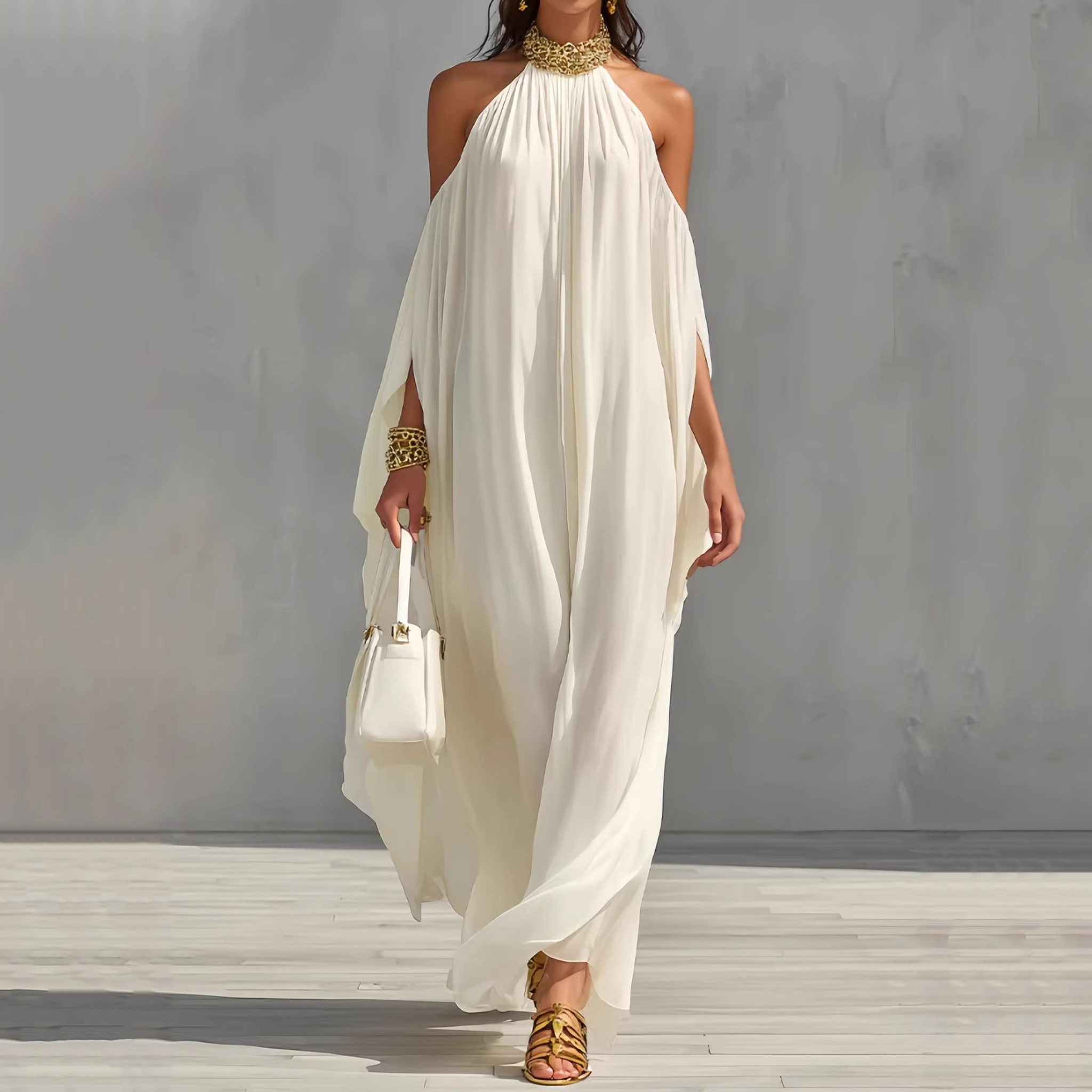 Fashion Chiffon Metal Halter Neck Off-shoulder Elegant Loose-fitting Maxi Dress elevenforest