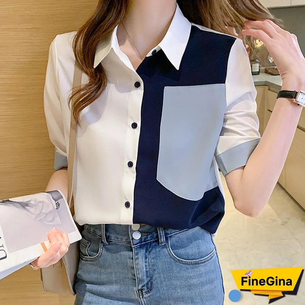 Vintage Pocket Colorblock Blouse Workwear