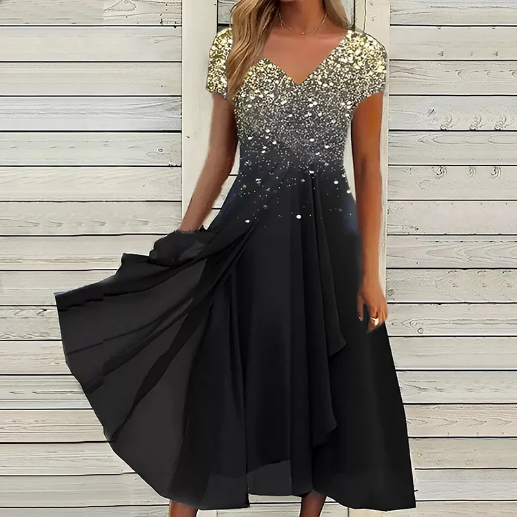 Fashion Floral V Neck Short Sleeve A Line Party Elegant Ladies Irregular Midi Dress