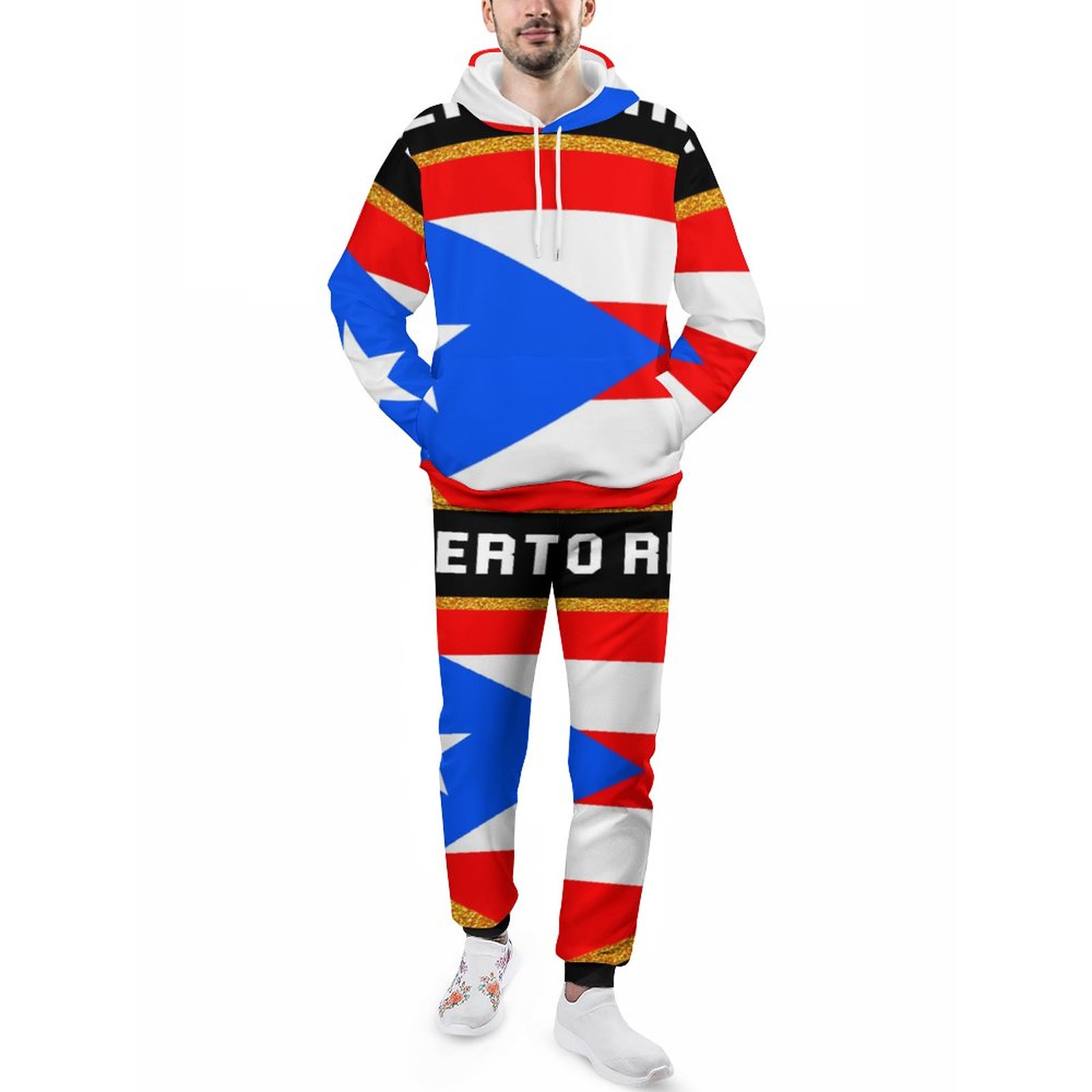 Funny Puerto Rico Flag Men's Tracksuit 2 Piece Hoodie Sweatsuit Sets Guys Streetwear Jogging Athletic Suits S-5Xl
