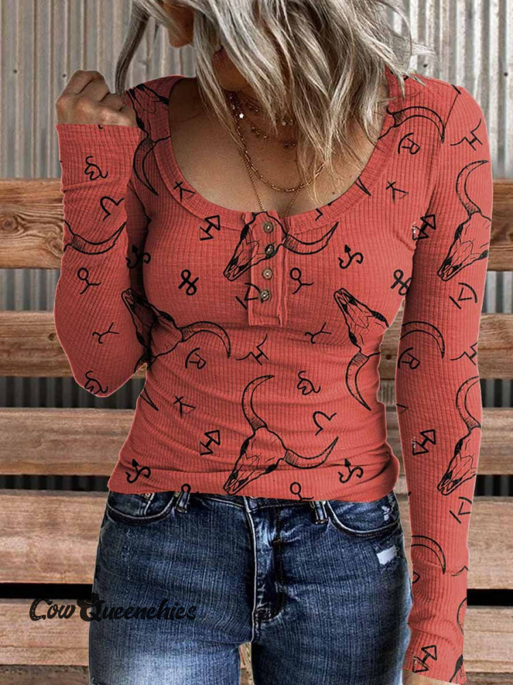 Western Cattle Branding Print Casual Long Sleeve Henley Shirt Multicolor / S