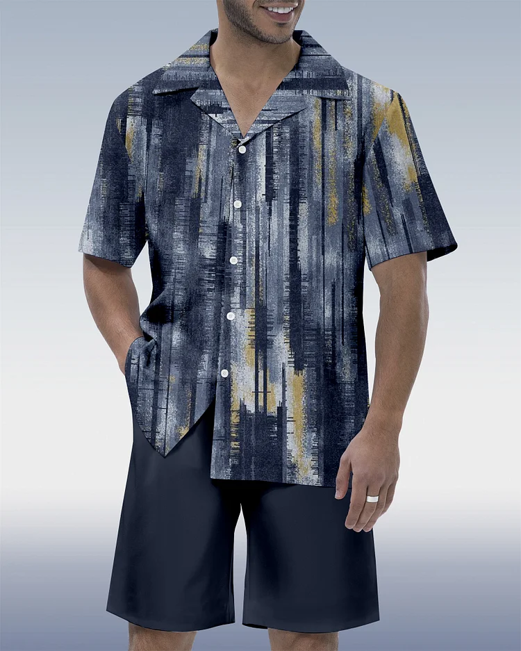 Men's Vacation Bowling Cuban Collar Short Sleeve Shirt Set 065