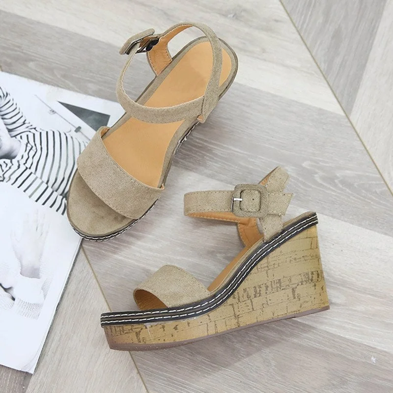 Sandals Women Mouth Toe Wedges Shoes For Women Line Buckle Platform Summer Wood Grain High Heel Chaussure Femme