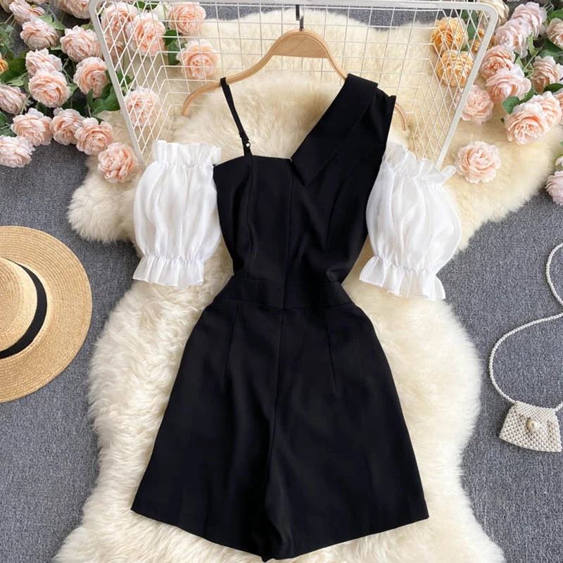 FTLZZ New Summer Irregular Ladies Contrast Design Jumpsuit Sweet Puff Sleeve Slim Rompers Shorts High Waist Wide Leg Jumpsuit