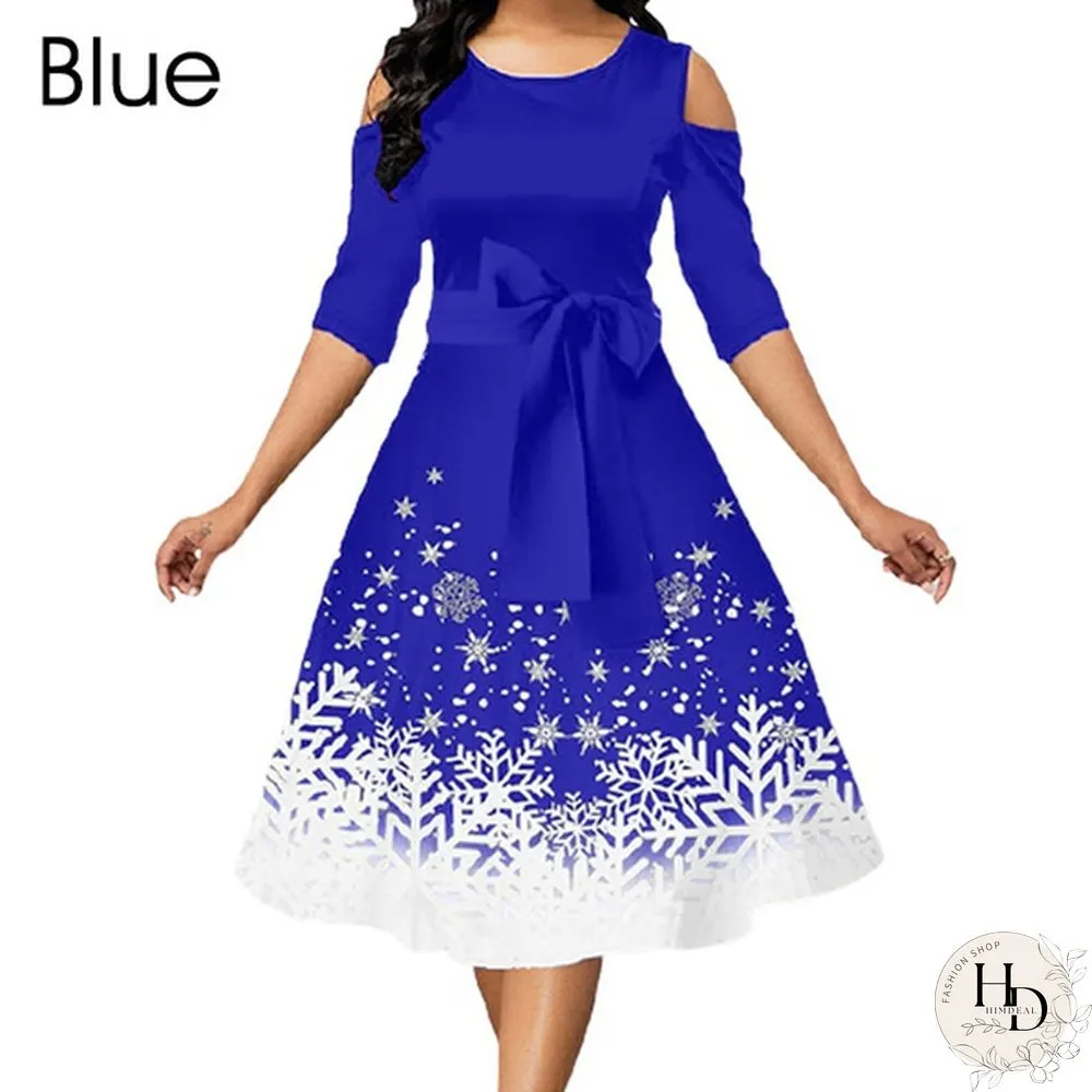 Womens Belted Snowflake Print Cold Shoulder Round-neck Elegant Dress Plus Size Fashion