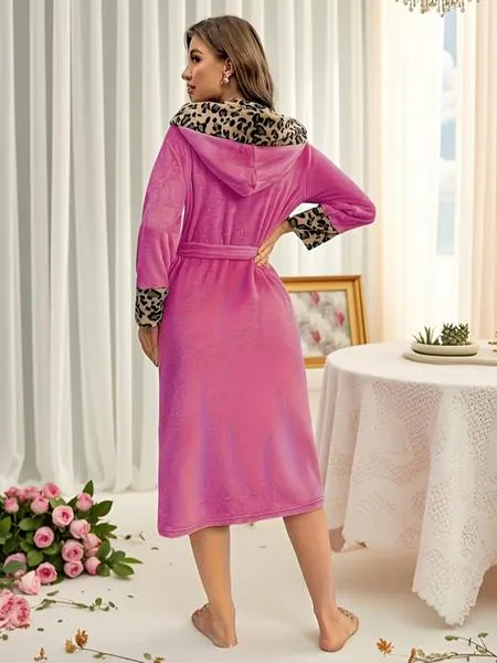 Women's Leopard Print Thermal Lined Bathrobe, Casual Soft Comfortable Long Sleeve Belted Robe, Women's Sleepwear for Fall & Winter Women's Leopard Print Thermal Lined Bathrobe, Casual Soft Comfortable Long Sleeve Belted Robe, Women's Sleepwear for Fall & Winter