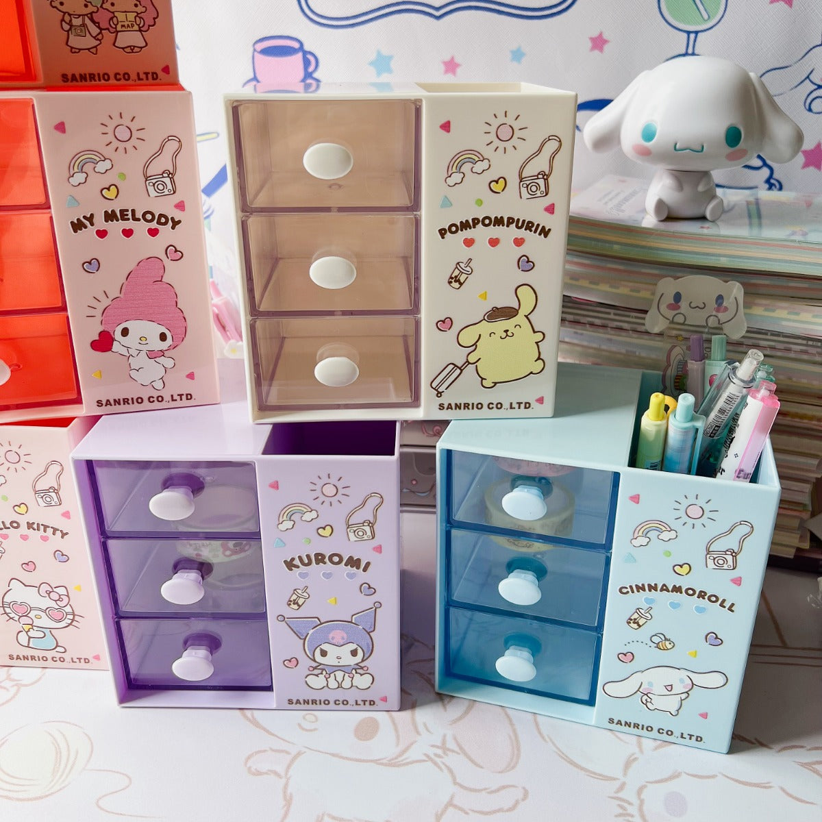 Kuromi My Melody Little Twin Stars Cinnamoroll Pompom Purin Desktop 3-Drawer Organizer Storage & Pen / Stationery Holder A Cute Shop - Inspired by You For The Cute Soul 