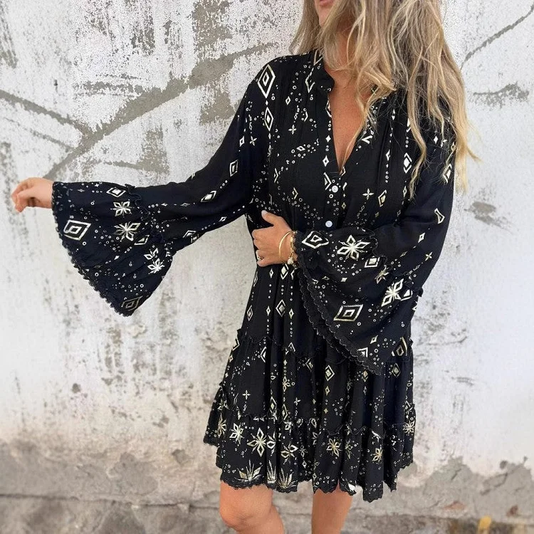 🔥Women's Geometric Print Comfortable V-Neck Midi-Dress