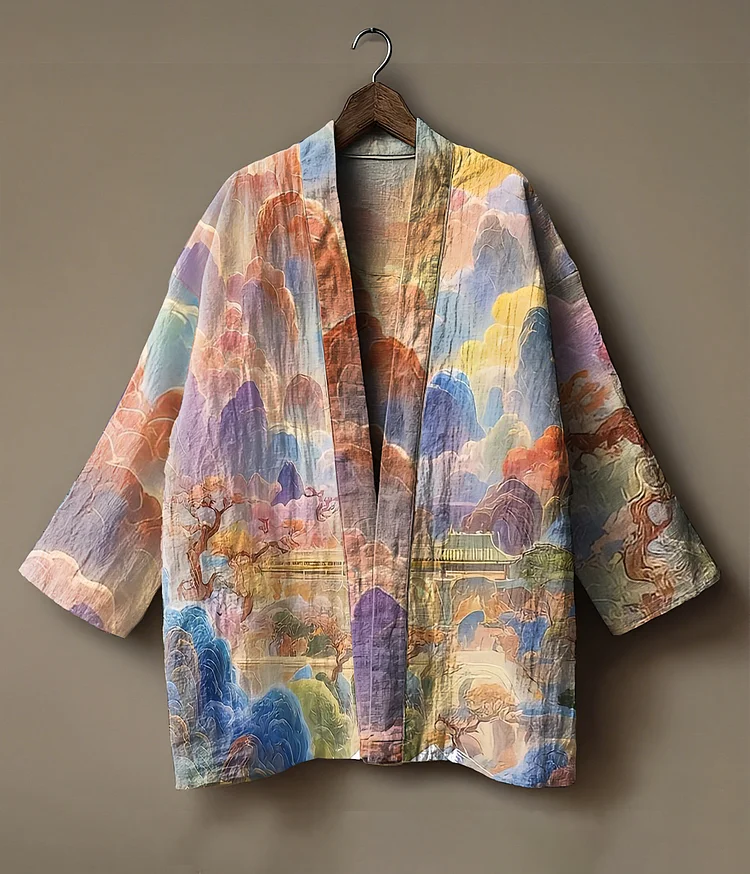 Abstract print embroidered linen cardigan kimono