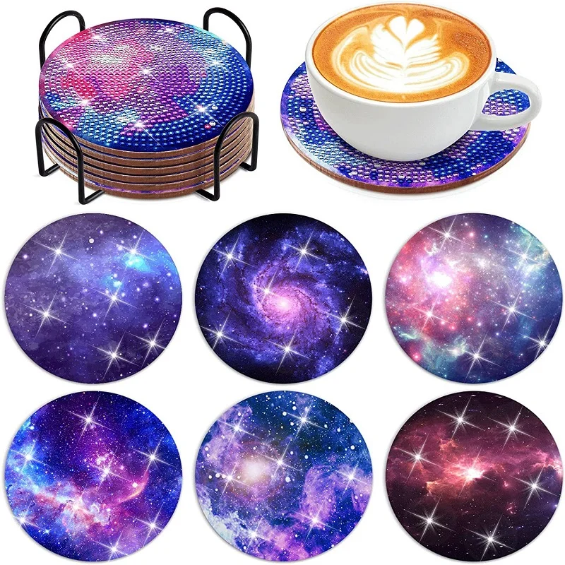 6pcs DIY Starry Sky Diamond Painting Art Coaster Kit Acrylic Round Diamond Painting DIY Coaster