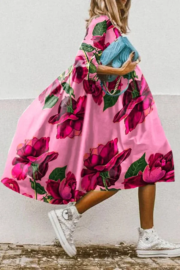 Rose Printed Vacation Big Hem 3/4 Sleeve Midi Dress