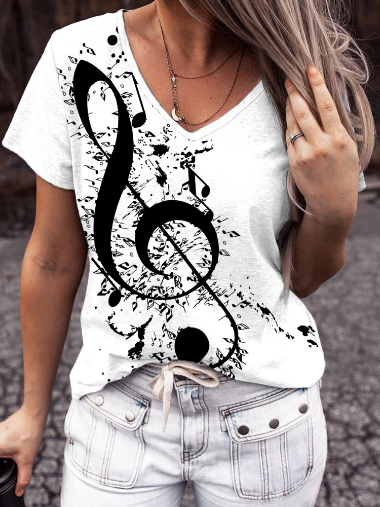 Music Note V Neck Casual T-Shirts