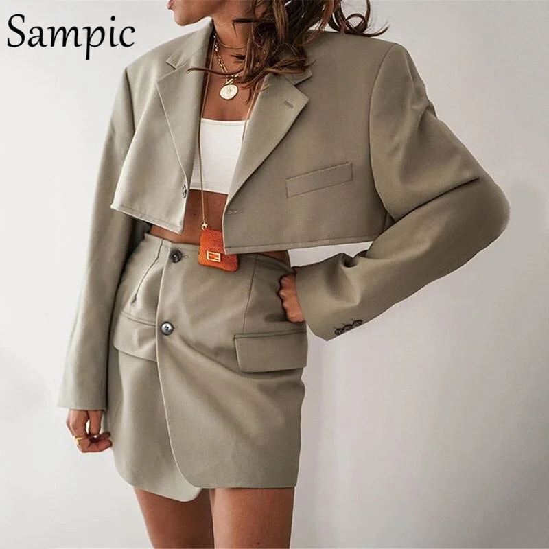 Sampic Fashion Two Piece Set Women Blazer Suit Long Sleeve Blazer Tops And Bodycon Mini Skirt Tracksuit Outfits 2020 Streetwear