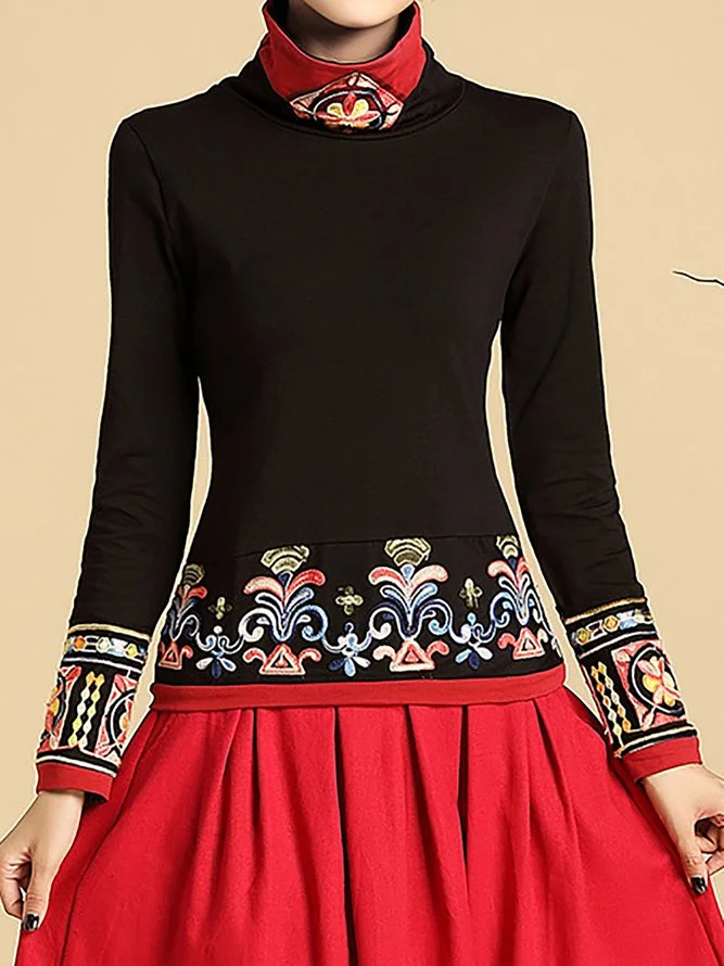 Black Embroidered Vintage Turtle Neck Tops