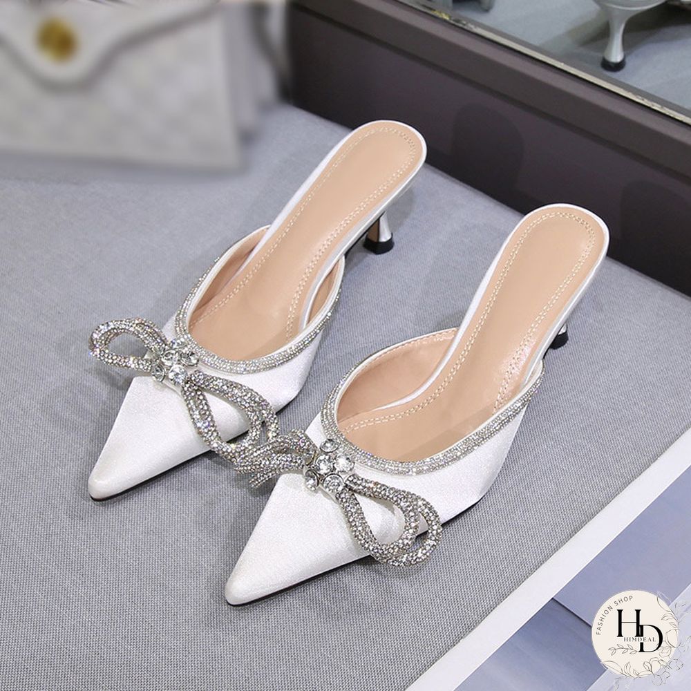 Rhinestones Bowknot Sandals For Women Sexy Buckle Strap Ladies High Heel Pumps Pointed Toe