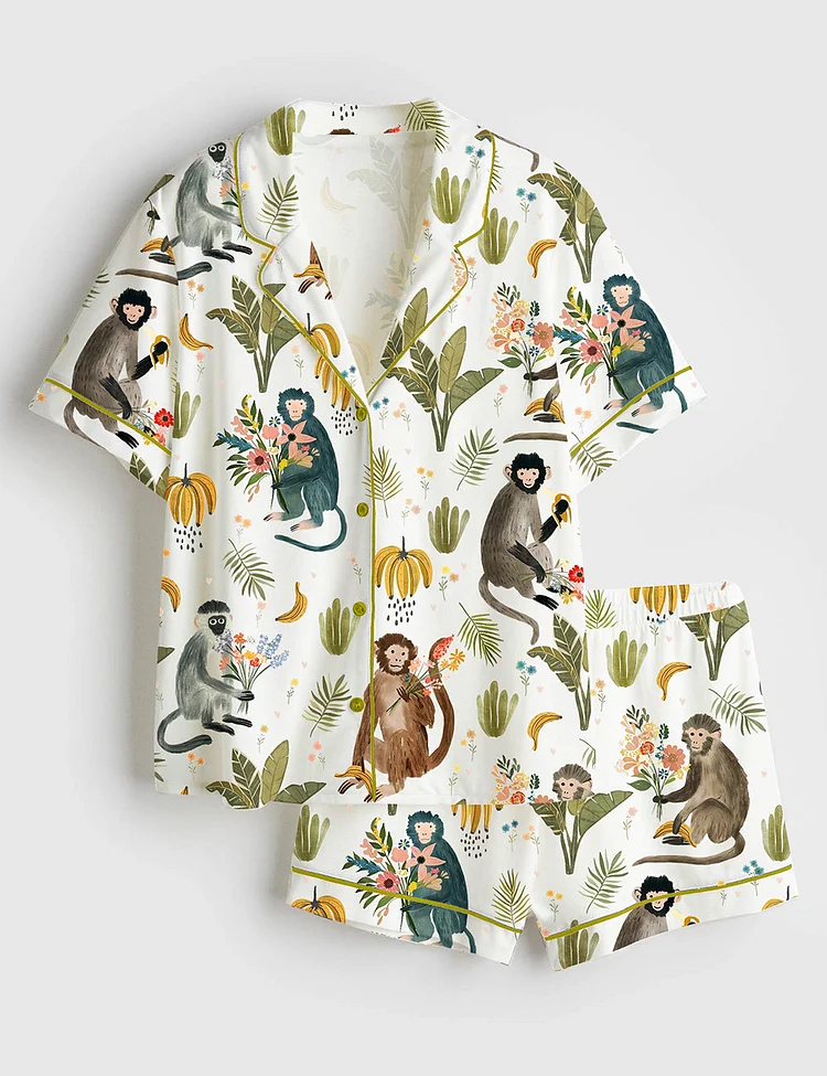 Women's Wildflower Bouquets With A Side Of Monkey Bananas Short Sleeve Satin Pajama Set