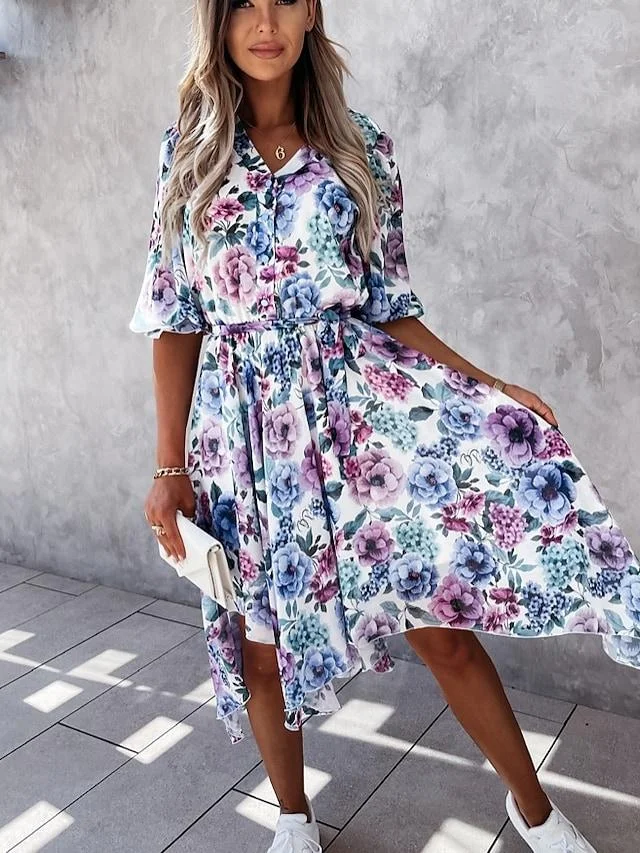 Women's Sheath Dress Knee Length Dress Blue Red Blushing Pink Half Sleeve Floral Summer V Neck Elegant Casual 2021 S M L XL XXL