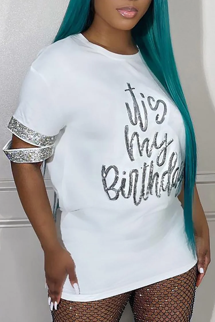 Xpluswear Plus Size White Daily Birthday Letter Print Sequin Sleeves T-Shirts 