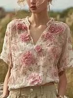 Bohemian Retro Style Plant Flower Design Women's Linen Short-sleeve Top