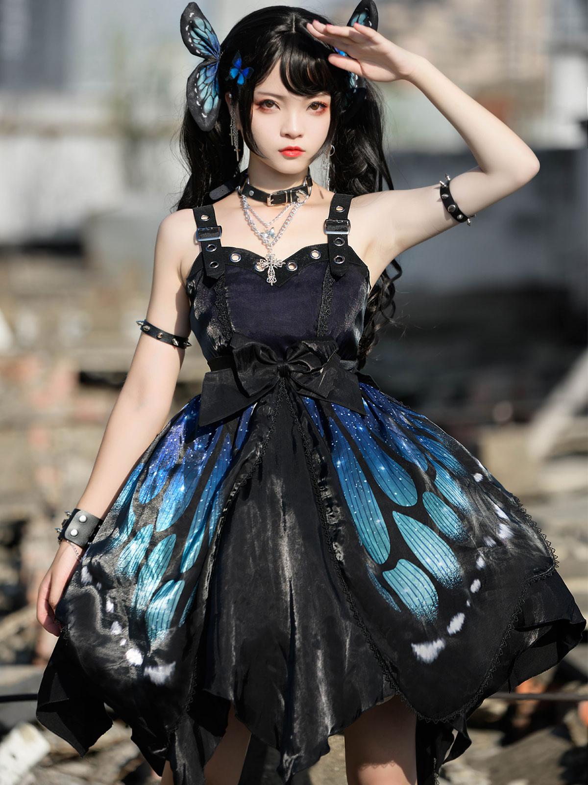 Gothic Blue JSK Sleeveless Tie Bow Patterned Polyester Casual Pullover Lolita Dress