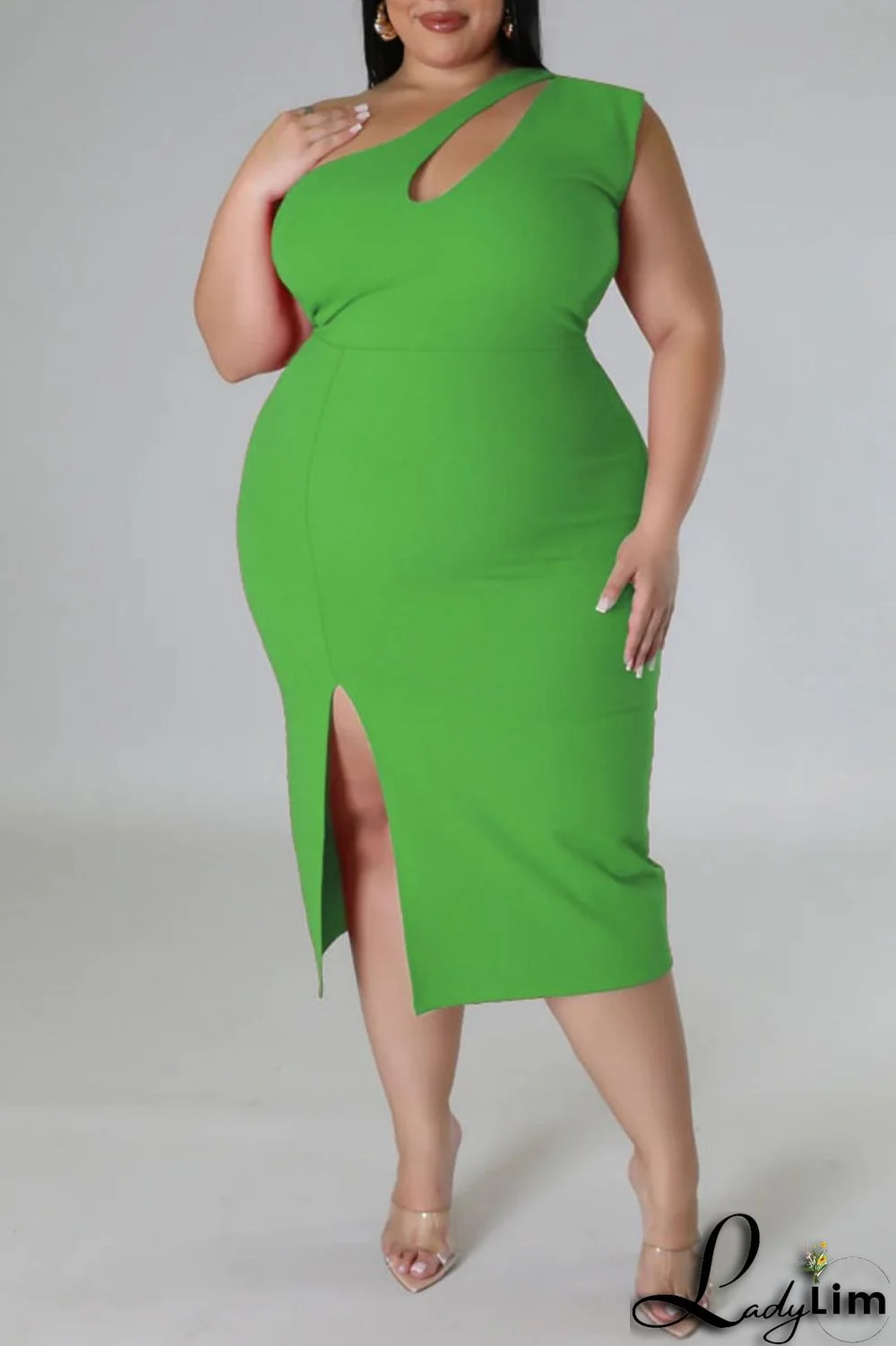 Green Casual Solid Backless Slit Oblique Collar Sleeveless Dress Plus Size Dresses