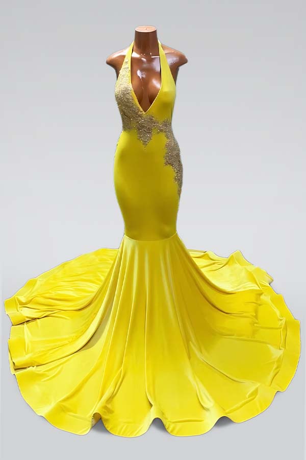  Daffodil Evening Dress Halter Appliques Long Mermaid V Neck ED0770