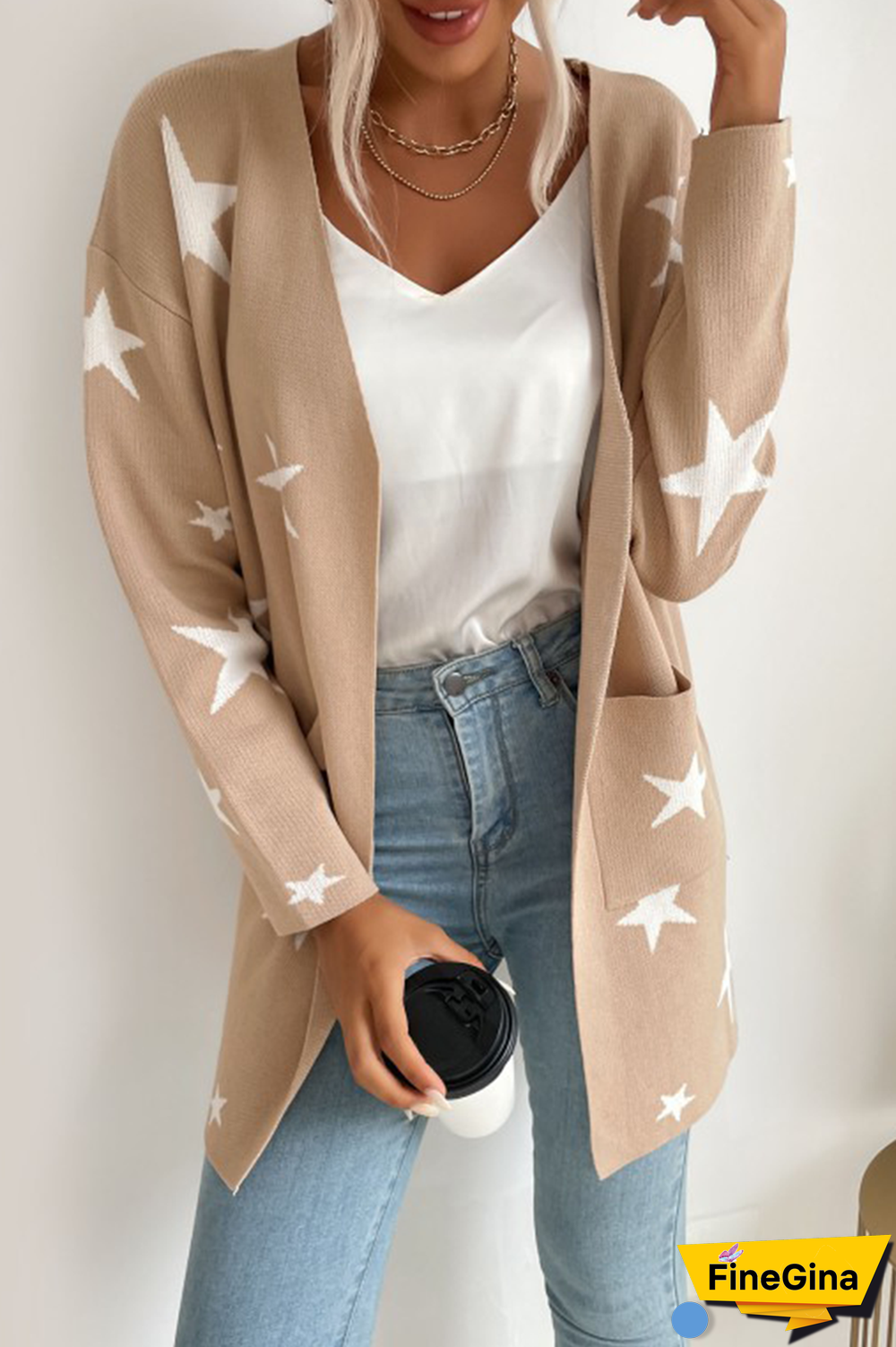 Casual The stars Split Joint Pocket V Neck Outerwear Sweater