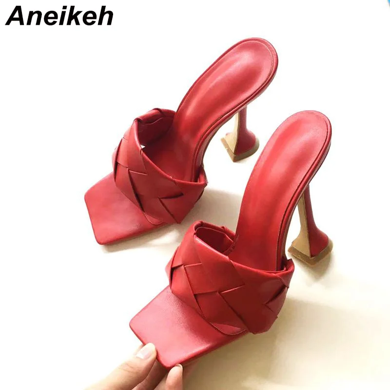 Aneikeh NEW Sexy PU Woven Fabric Women Mules Summer Head Peep Toe Hoof Heels Fashion Slip On Slides Ladies Party Pumps Shoe 42