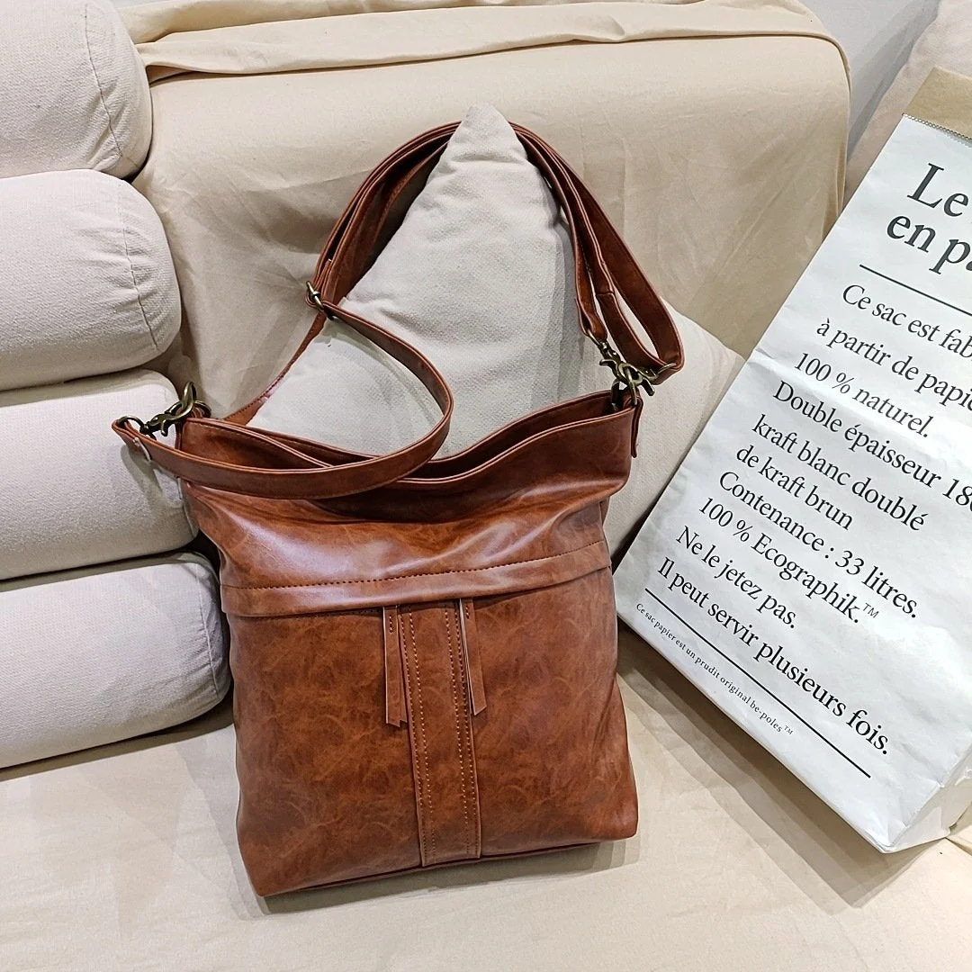 New Vintage Oil Wax Leather Shoulder Slung Women's Bag Bag Soft Leather Gradient Women's Bag