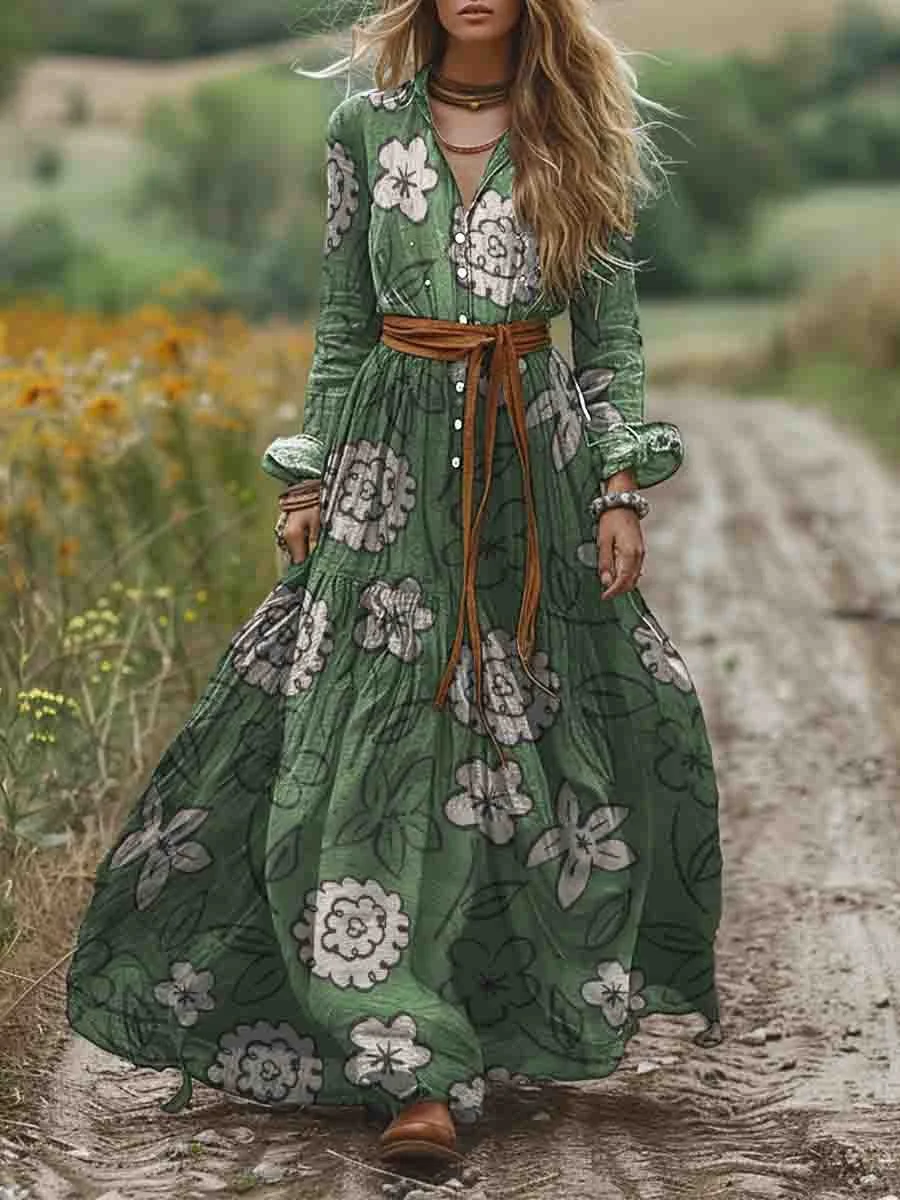 Women's Shirt Collar Long Sleeve Floral Print Pocket Cotton A-Line Dress