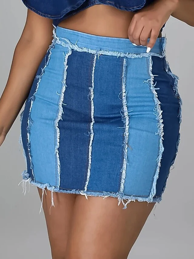 Women's Skirt Bodycon Mini Denim Blue Skirts Autumn / Fall Patchwork Streetwear Carnival Homecoming S M L | IFYHOME