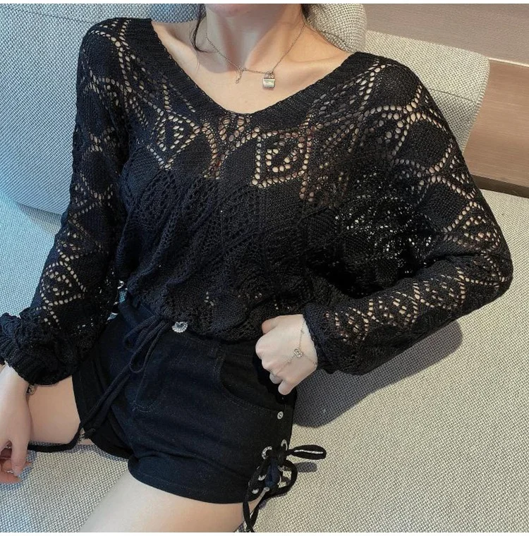 Toloer Toloer 2024 New Back Chain Jacket With Sunscreen Thin Top Hook Flower Hollow-Out Knit Sweater-Outfit Ideas