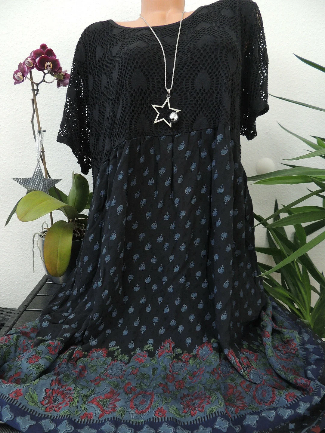 Women Short Sleeve Scoop Neck Floral Printed Lace Stitching Tops