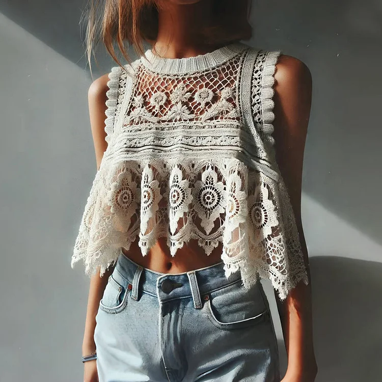 Casual Hollow Out Lace Irregular Hem Cropped Tank Top