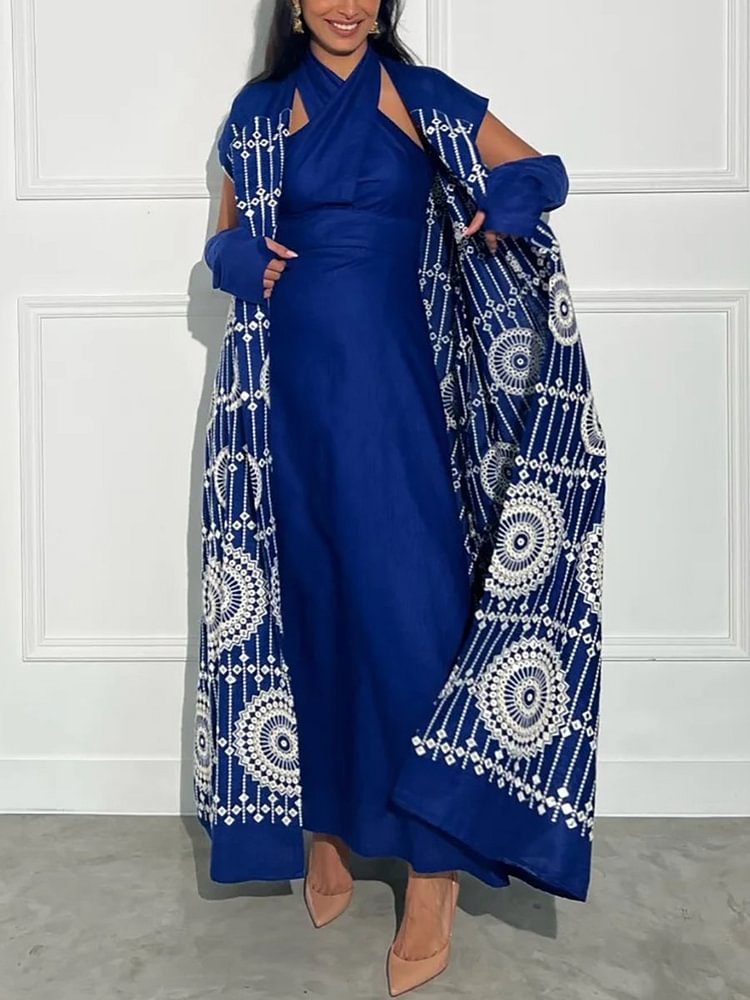 Hanging Cross Neck Bodycon Dress and Folk Print Outerwear