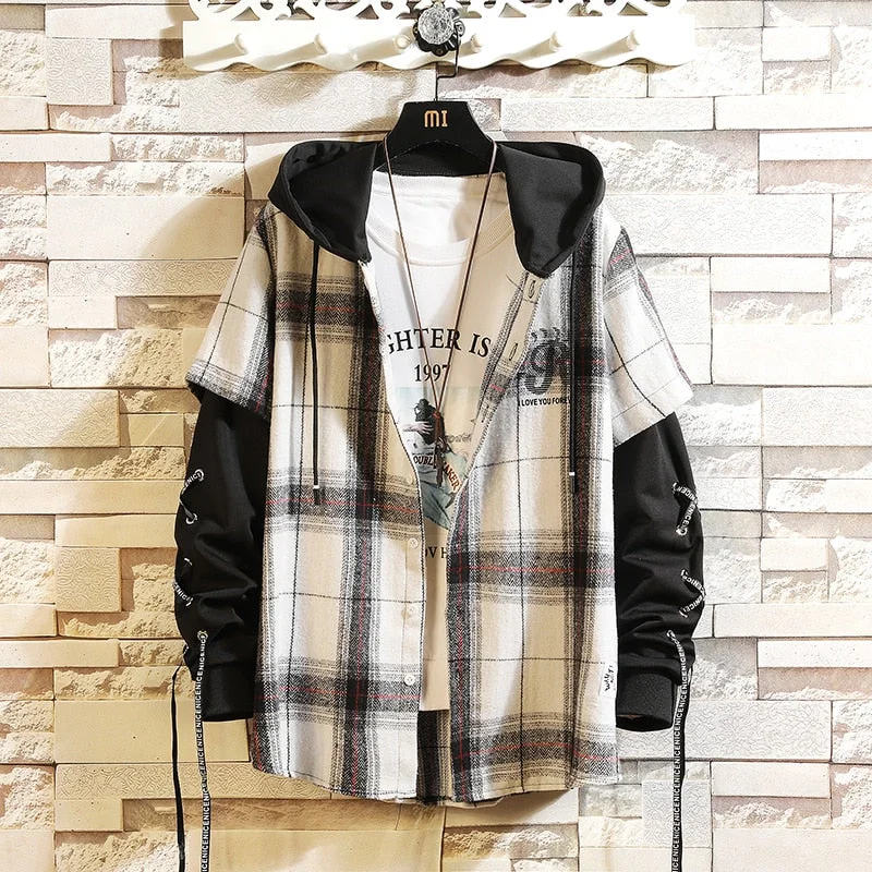 2021 New Arrived  Plaid Hoodie Sweatshirt Men Flannel Fleece Style Hip Hop High Street Casual Cardigan Long-Sleeved