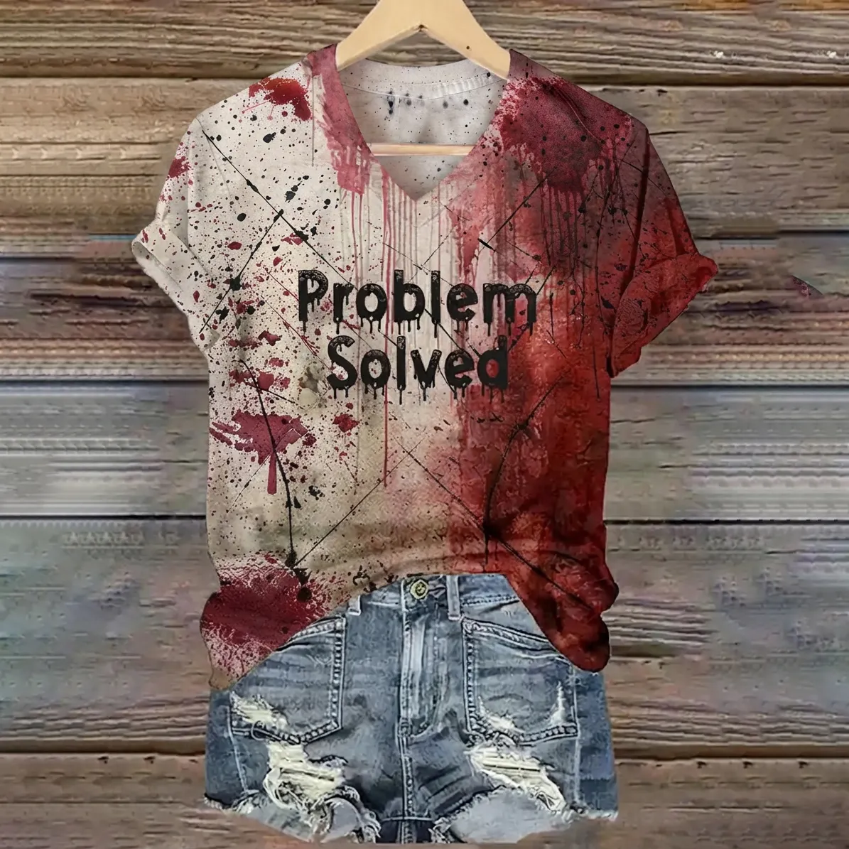 Comstylish Women's Vintage Bloody Problem Solved Halloween Art Printed Short Sleeve T-shirt