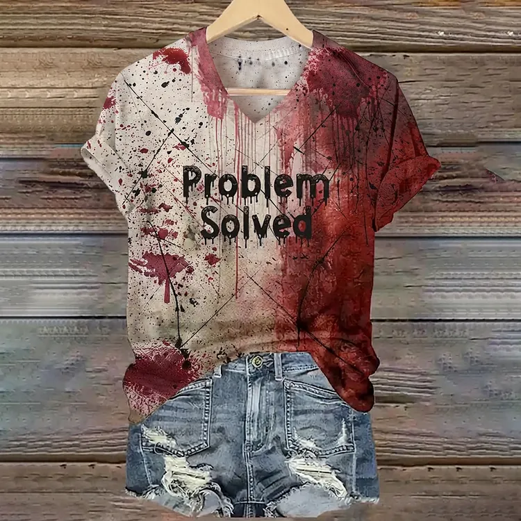 Women's Vintage Bloody Problem Solved Halloween Art Printed Short Sleeve T-shirt