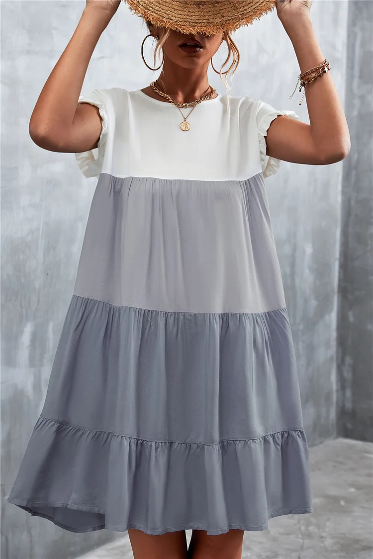 Light & Grey Color Block Ruffle-Accent Shift Mini Dress Women Sweet Beach Dresses