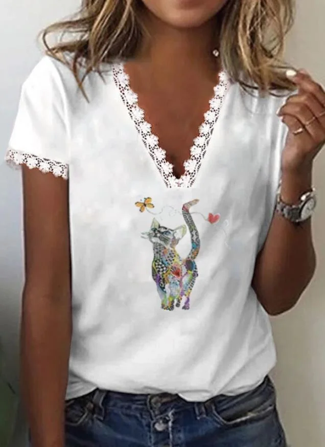 Women's Printed V-neck Lace Loose Short Sleeved Shirt